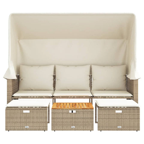 vidaXL Outdoor-Sofa 3-Sitzer mit Dach und Hockern Beige Poly Rattan