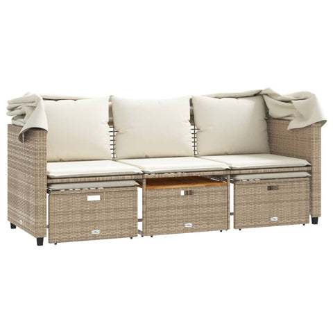 vidaXL Outdoor-Sofa 3-Sitzer mit Dach und Hockern Beige Poly Rattan