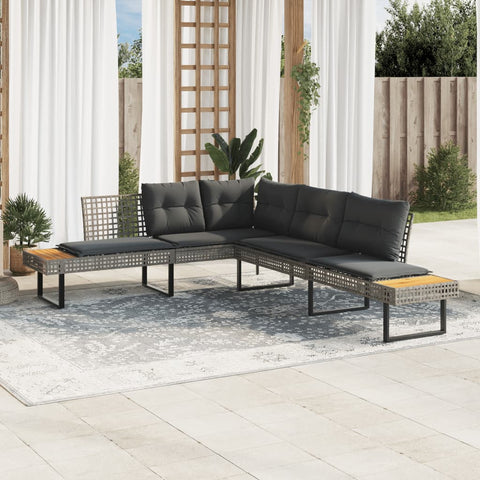 vidaXL Gartensofa in L-Form mit Kissen Grau Poly Rattan und Akazie