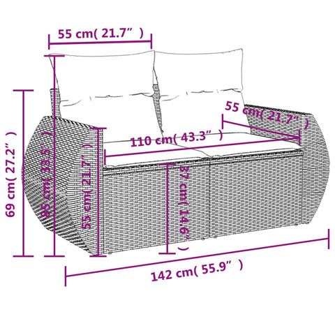 vidaXL Gartensofa mit Kissen 2-Sitzer Schwarz Poly Rattan