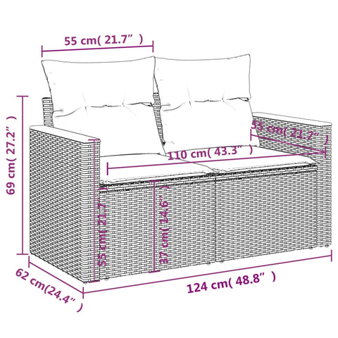 vidaXL Gartensofa mit Kissen 2-Sitzer Schwarz Poly Rattan