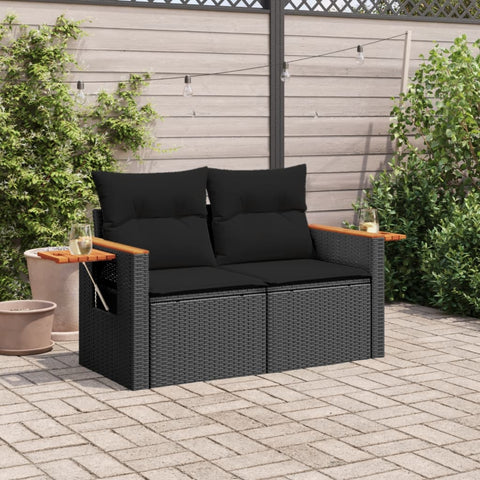 vidaXL Gartensofa mit Kissen 2-Sitzer Schwarz Poly Rattan