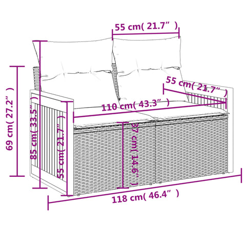 vidaXL Gartensofa mit Kissen 2-Sitzer Schwarz Poly Rattan