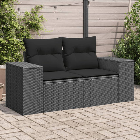 Gartensofa mit Kissen 2-Sitzer Schwarz Poly Rattan