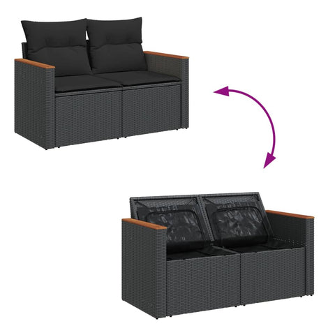 vidaXL Gartensofa mit Kissen 2-Sitzer Schwarz Poly Rattan