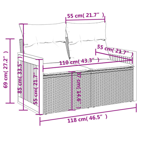 Gartensofa mit Kissen 2-Sitzer Schwarz Poly Rattan