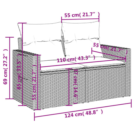 vidaXL Gartensofa mit Kissen 2-Sitzer Schwarz Poly Rattan