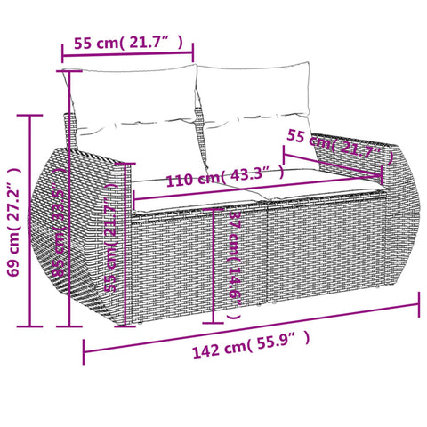 vidaXL Gartensofa mit Kissen 2-Sitzer Schwarz Poly Rattan