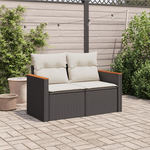 vidaXL Gartensofa mit Kissen 2-Sitzer Schwarz Poly Rattan