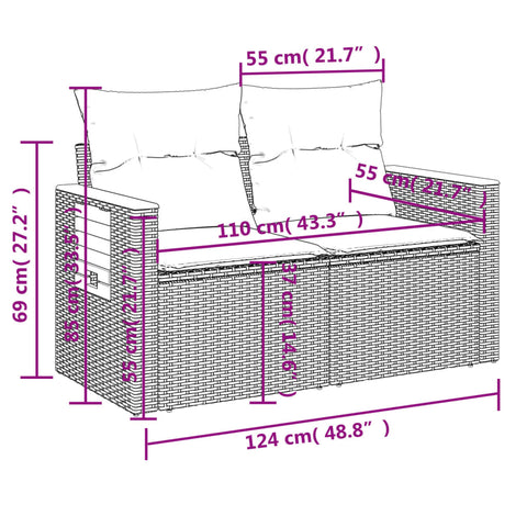 vidaXL Gartensofa mit Kissen 2-Sitzer Schwarz Poly Rattan