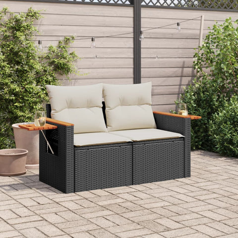 vidaXL Gartensofa mit Kissen 2-Sitzer Schwarz Poly Rattan