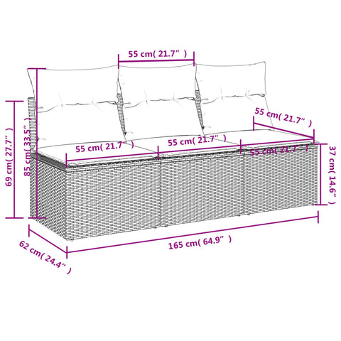 vidaXL Gartensofa mit Kissen 3-Sitzer Beige Poly Rattan