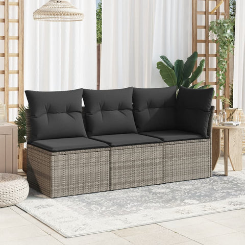 Gartensofa mit Kissen 3-Sitzer Grau Poly Rattan