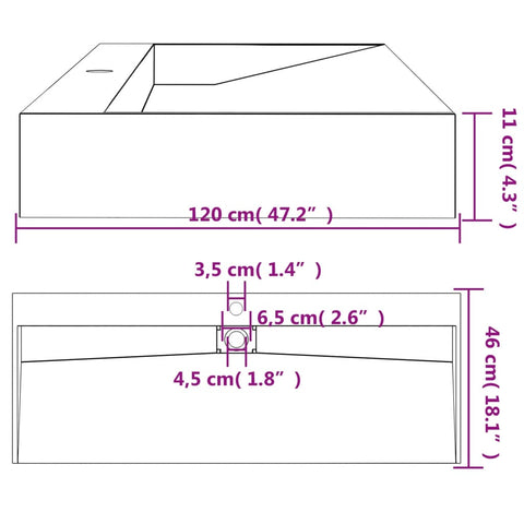 vidaXL Waschbecken 120x46x11 cm Mineralguss/Marmorguss Mattschwarz