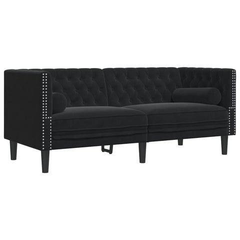 Chesterfield-Sofa mit Nackenrollen 2-Sitzer Schwarz Samt