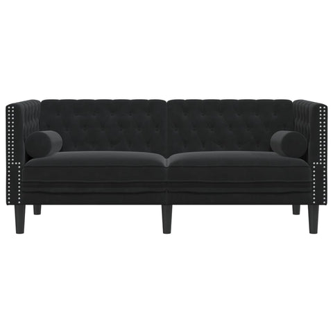 Chesterfield-Sofa mit Nackenrollen 2-Sitzer Schwarz Samt