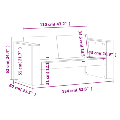 vidaXL Gartensofa 2-Sitzer 134x60x62 cm Massivholz Kiefer