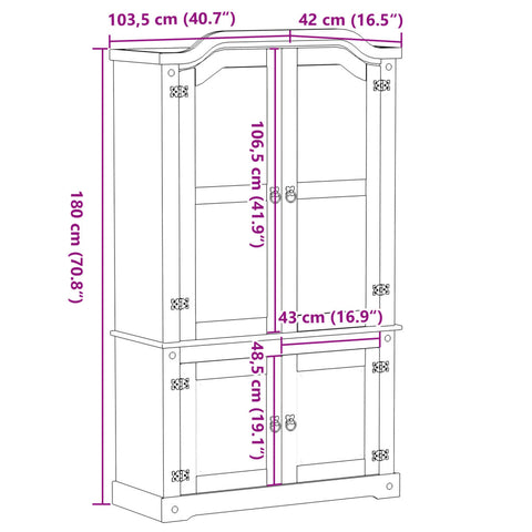 Vitrine Corona 103,5x42x180 cm Massivholz Kiefer