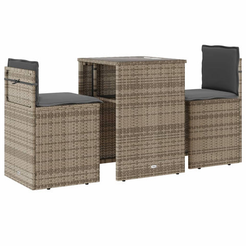 3-tlg. Bistro-Set mit Kissen Grau Poly Rattan