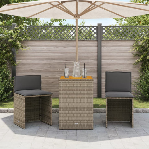 3-tlg. Bistro-Set mit Kissen Grau Poly Rattan