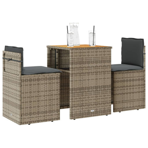 3-tlg. Bistro-Set mit Kissen Grau Poly Rattan