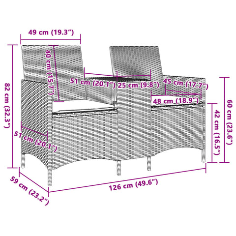 Gartensofa 2-Sitzer mit Tisch und Kissen Schwarz Poly Rattan