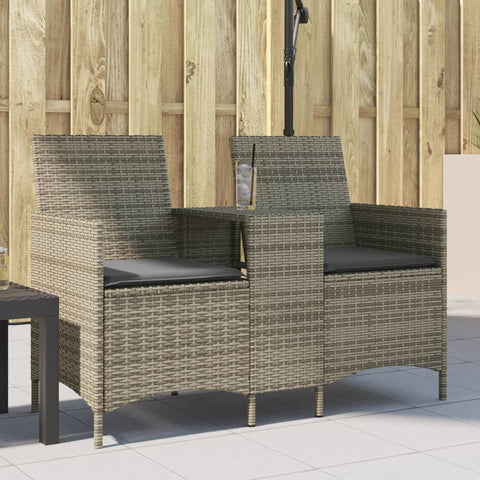 Gartensofa 2-Sitzer mit Tisch und Kissen Grau Poly Rattan