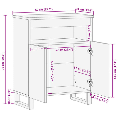 vidaXL Sideboard 60x34x75 cm Raues Massives Mangoholz