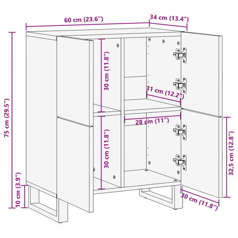 vidaXL Sideboard 60x34x75 cm Raues Massives Mangoholz