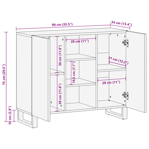 vidaXL Sideboard 90x34x75 cm Raues Massivholz Mango