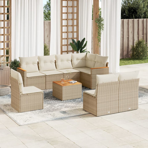 9-tlg. Garten-Sofagarnitur mit Kissen Beige Poly Rattan