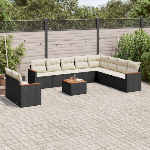 11-tlg. Garten-Sofagarnitur mit Kissen Schwarz Poly Rattan