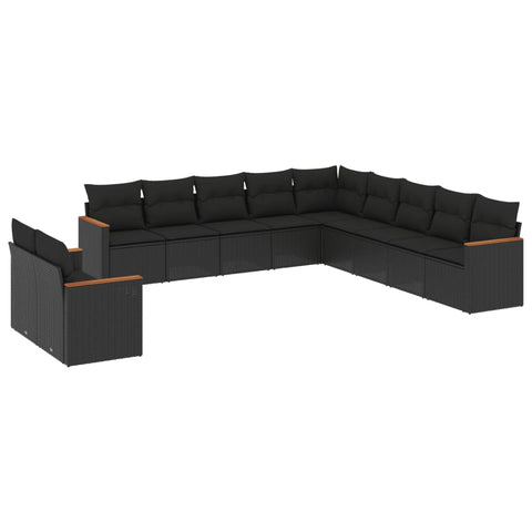 11-tlg. Garten-Sofagarnitur mit Kissen Schwarz Poly Rattan