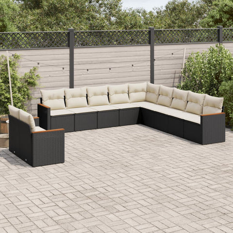 11-tlg. Garten-Sofagarnitur mit Kissen Schwarz Poly Rattan