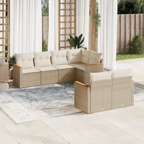 7-tlg. Garten-Sofagarnitur mit Kissen Beige Poly Rattan