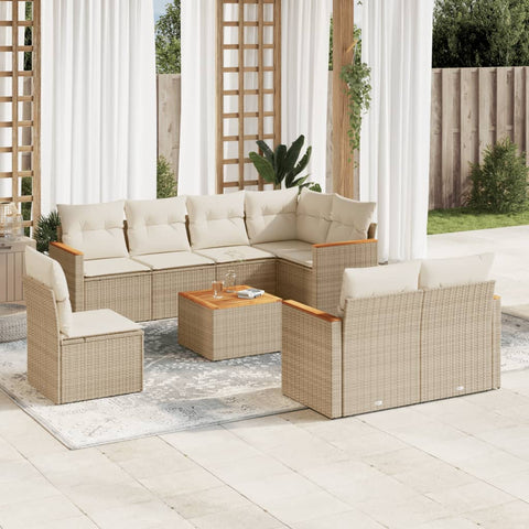 9-tlg. Garten-Sofagarnitur mit Kissen Beige Poly Rattan