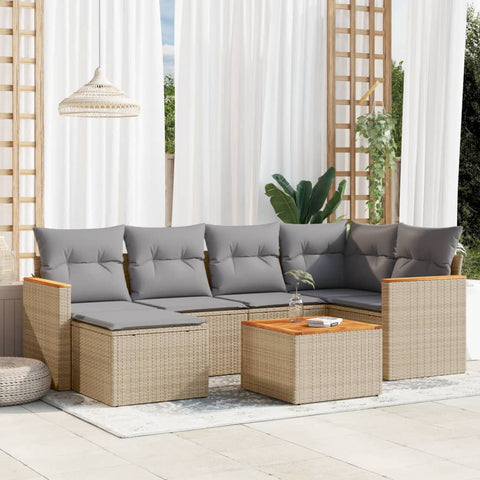 7-tlg. Garten-Sofagarnitur mit Kissen Beige Poly Rattan