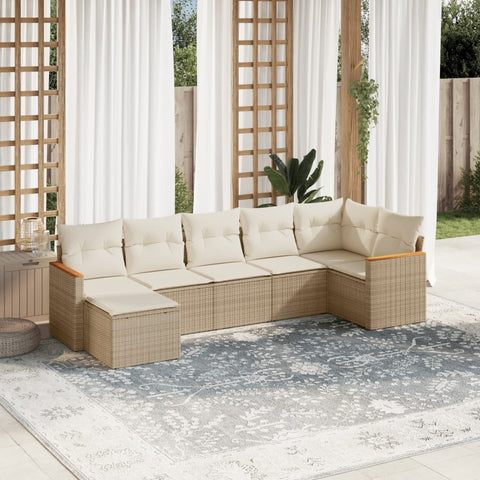 7-tlg. Garten-Sofagarnitur mit Kissen Beige Poly Rattan