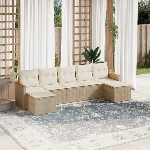 7-tlg. Garten-Sofagarnitur mit Kissen Beige Poly Rattan