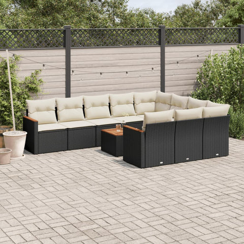 11-tlg. Garten-Sofagarnitur mit Kissen Schwarz Poly Rattan