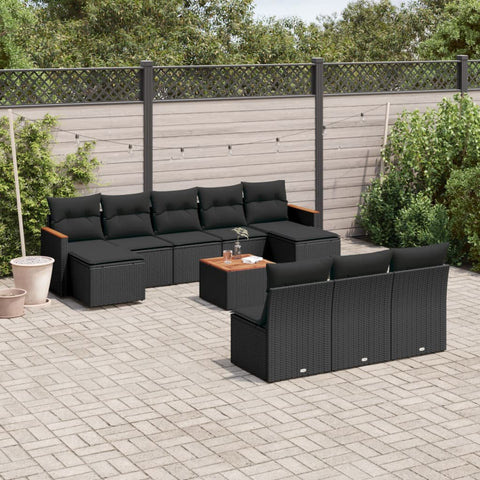 11-tlg. Garten-Sofagarnitur mit Kissen Schwarz Poly Rattan