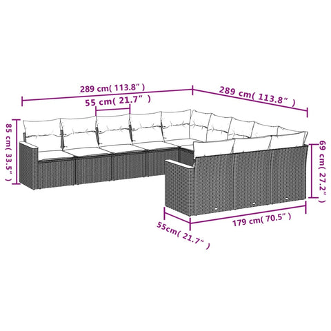 11-tlg. Garten-Sofagarnitur mit Kissen Schwarz Poly Rattan