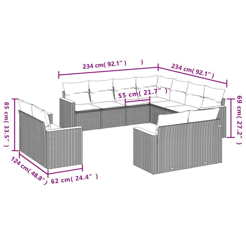 11-tlg. Garten-Sofagarnitur mit Kissen Schwarz Poly Rattan