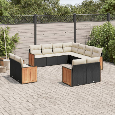 11-tlg. Garten-Sofagarnitur mit Kissen Schwarz Poly Rattan