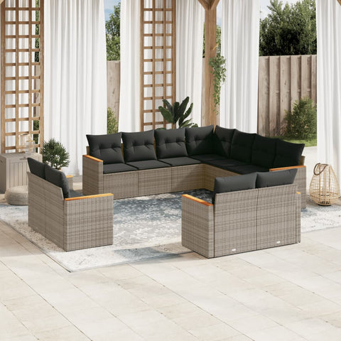 11-tlg. Garten-Sofagarnitur mit Kissen Grau Poly Rattan