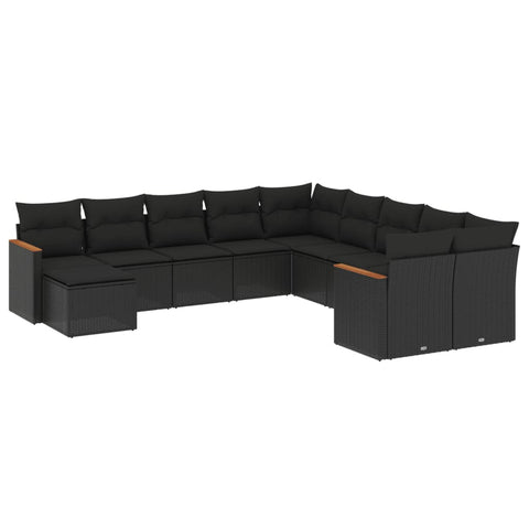 11-tlg. Garten-Sofagarnitur mit Kissen Schwarz Poly Rattan