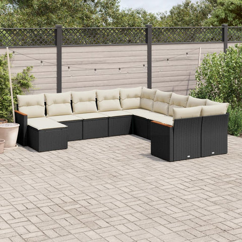 11-tlg. Garten-Sofagarnitur mit Kissen Schwarz Poly Rattan