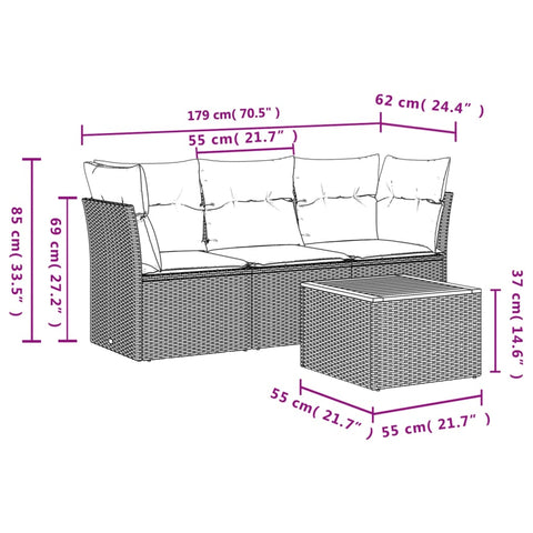 4-tlg. Garten-Sofagarnitur mit Kissen Grau Poly Rattan