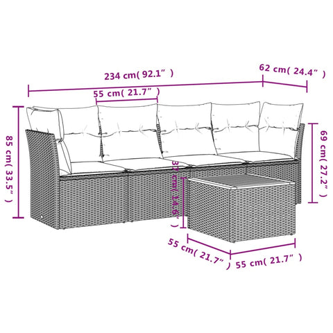 5-tlg. Garten-Sofagarnitur mit Kissen Beige Poly Rattan