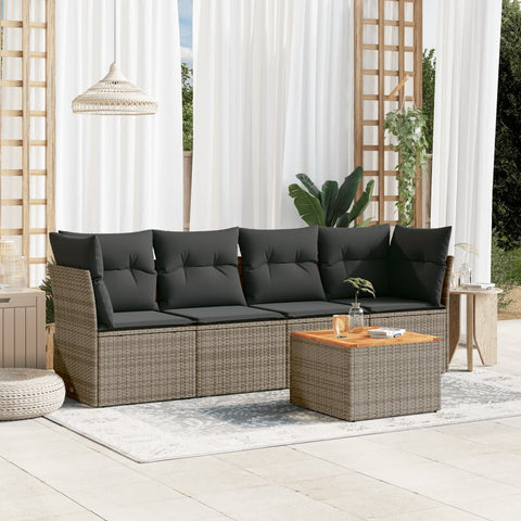 5-tlg. Garten-Sofagarnitur mit Kissen Grau Poly Rattan